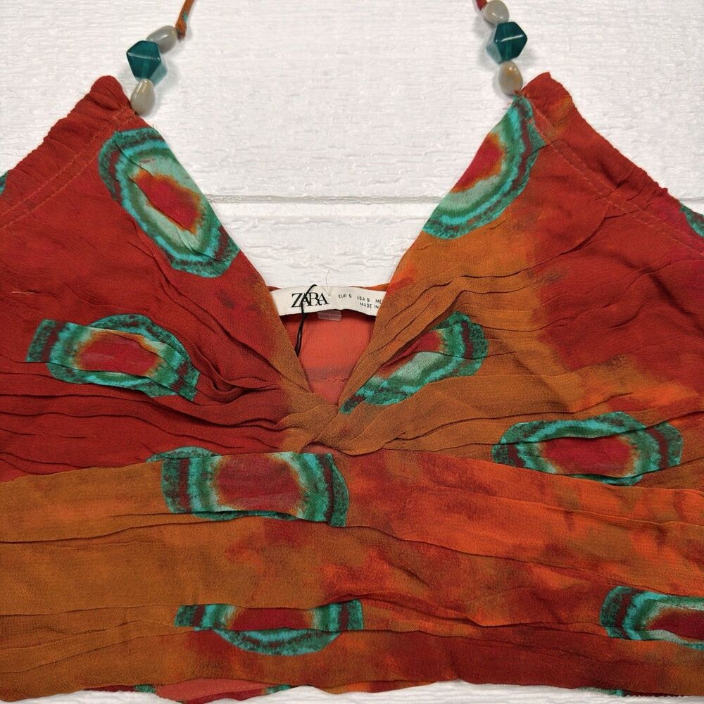 Zara Boho Festival Halter Crop Top Tie Dye Rust Teal Beaded Smocked Small NWT - Picture 7 of 16